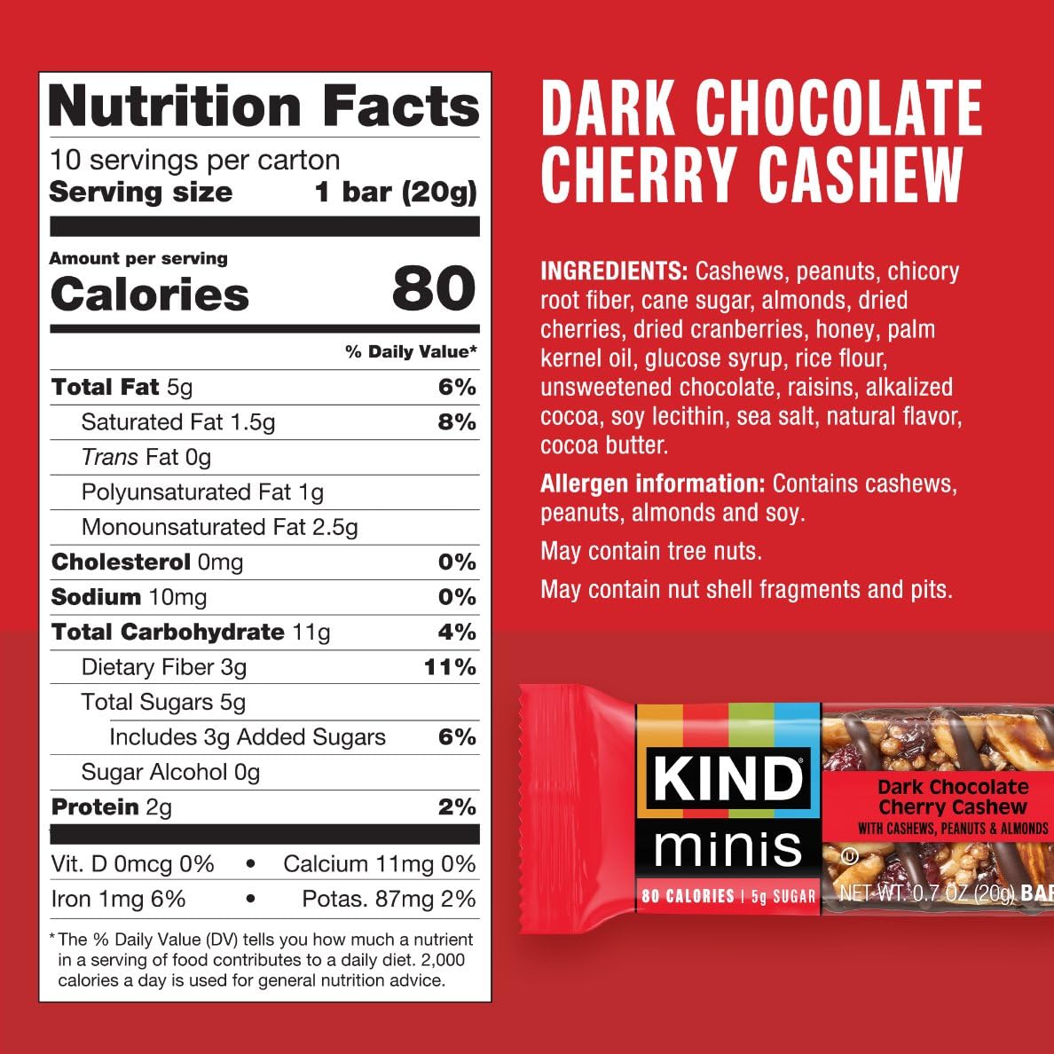 KIND dark chocolate cherry cashew bar cross section displaying nuts and fruit pieces