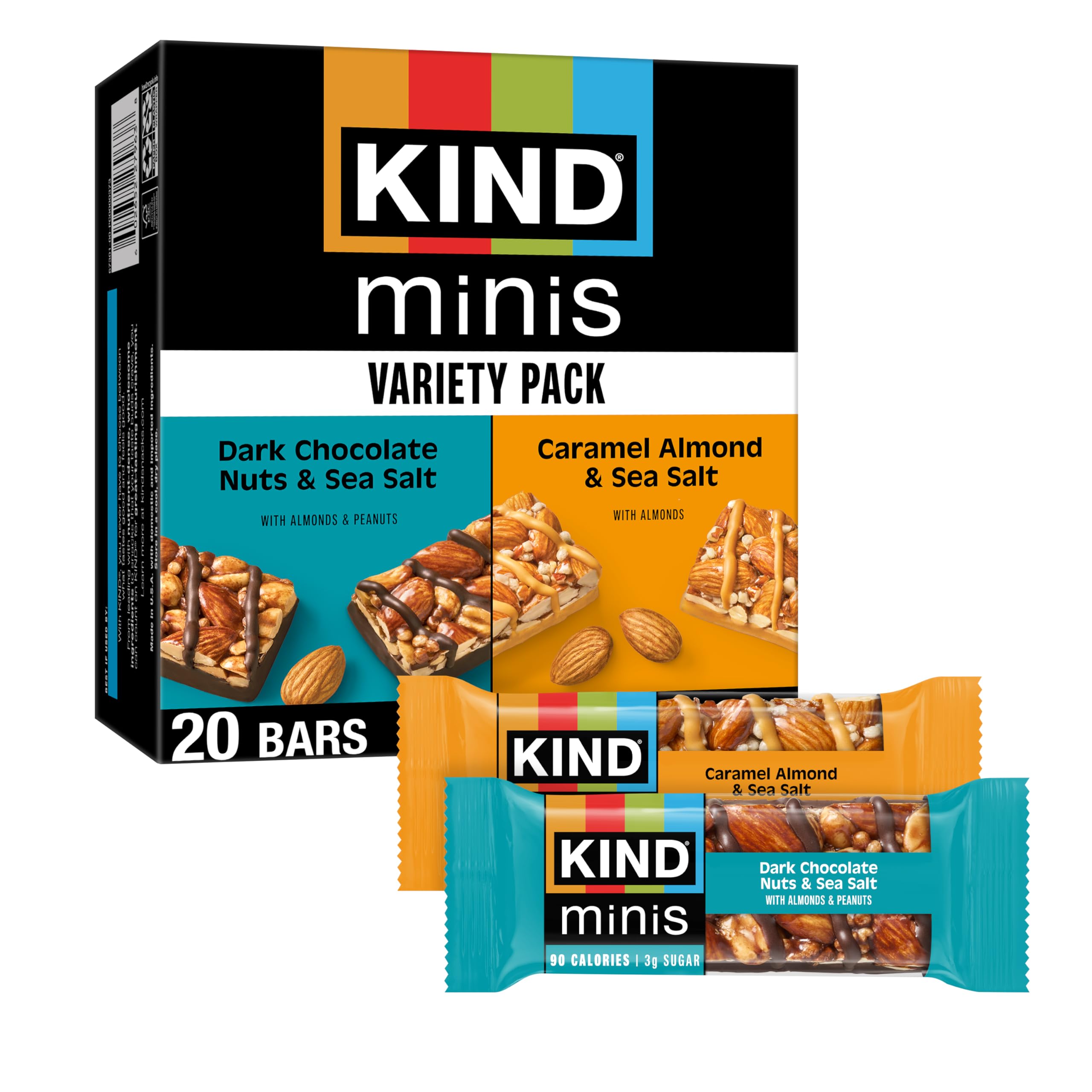 KIND front packaging showing variety pack and calorie info for quick selection