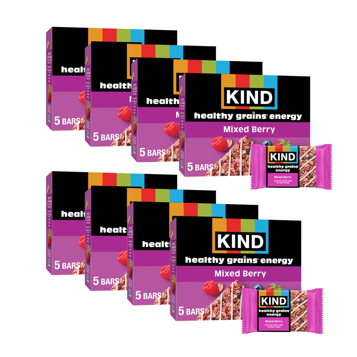 KIND front packaging showing mixed berry bars and whole grain benefit