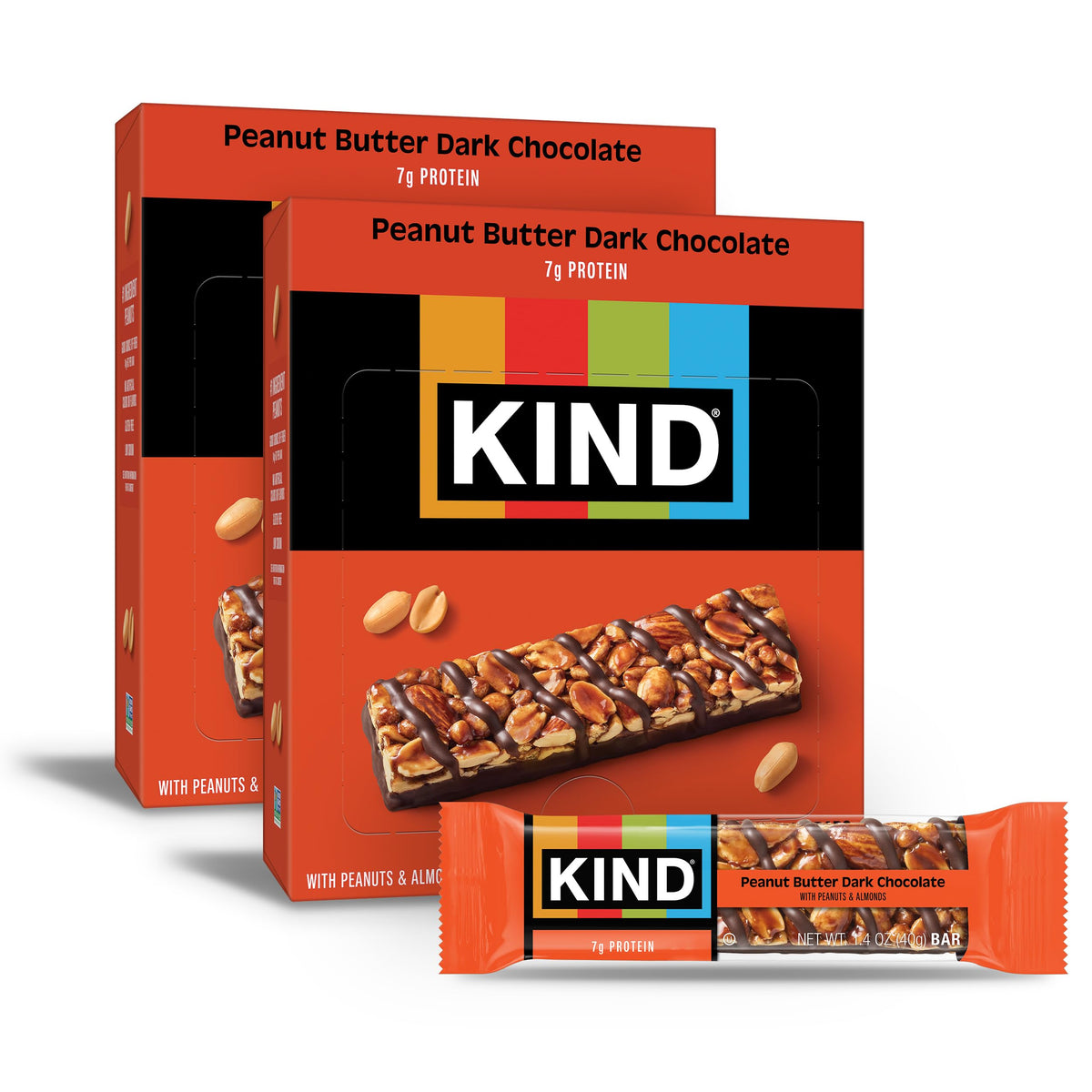 KIND front packaging showing Peanut Butter Dark Chocolate and 24-count convenience