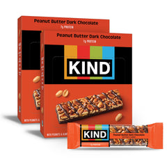 KIND front packaging showing Peanut Butter Dark Chocolate and 24-count convenience