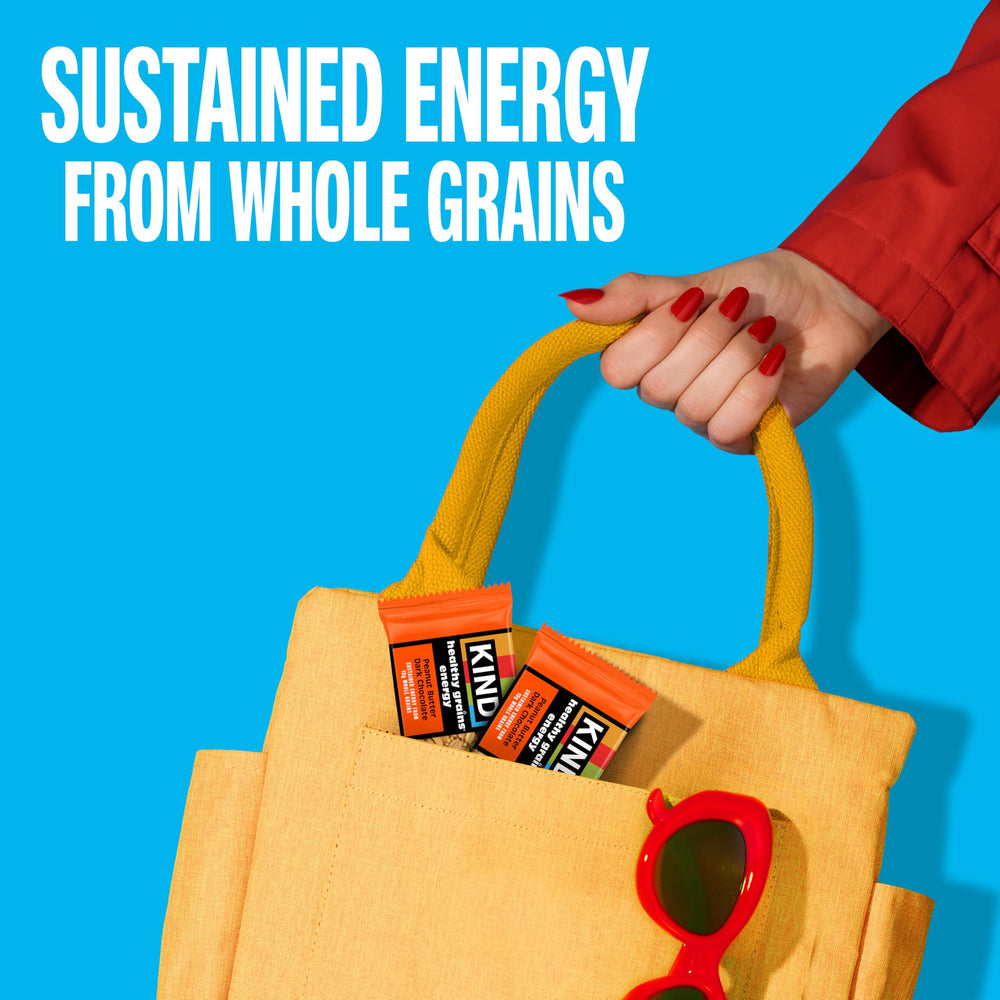 Close-up of KIND bar texture with grains visible offering satisfying chew and crunch benefit