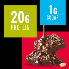 KIND Protein MAX single bar close-up showing dark chocolate drizzle and crisp texture