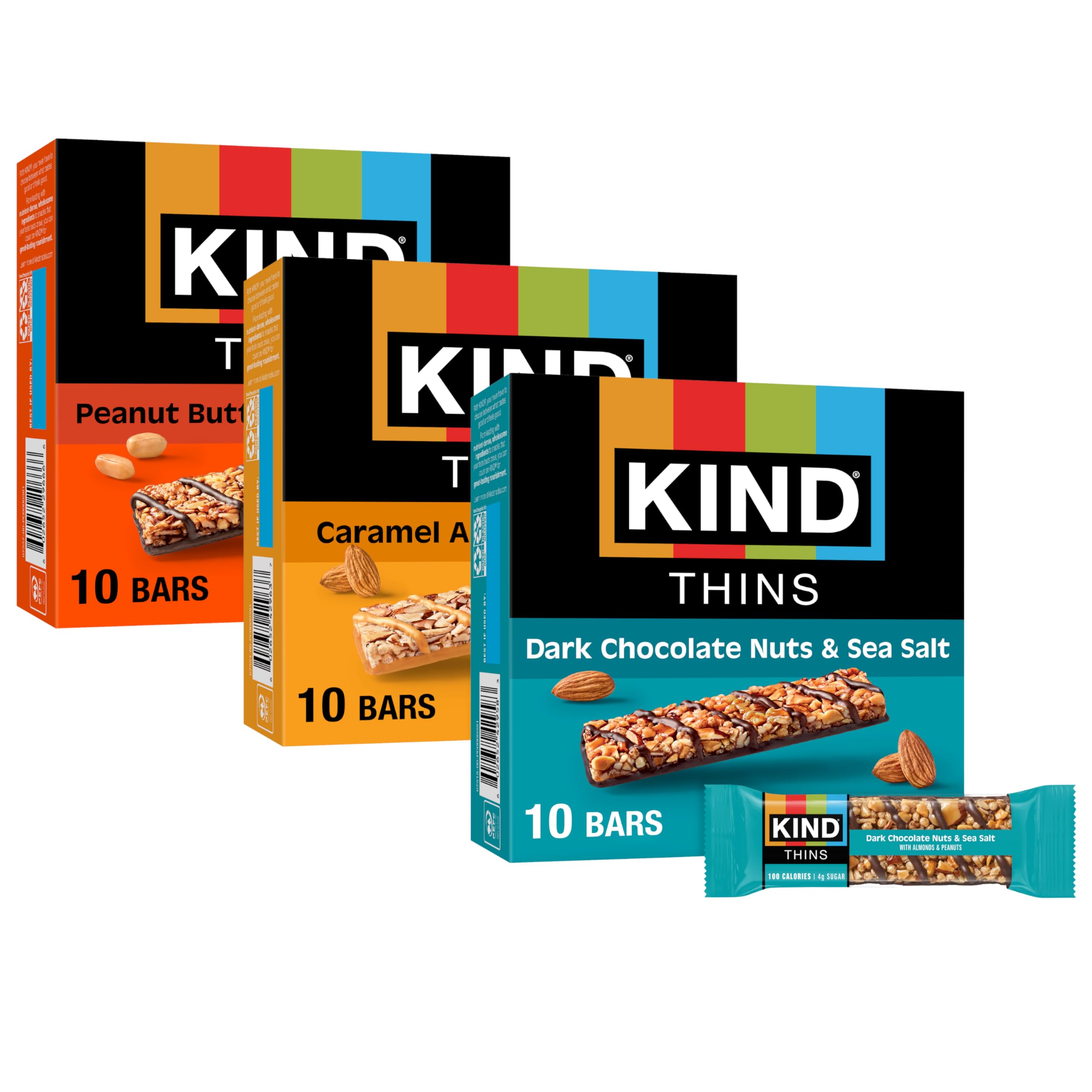 KIND Thins pack front view showing three-flavor variety and count for easy selection