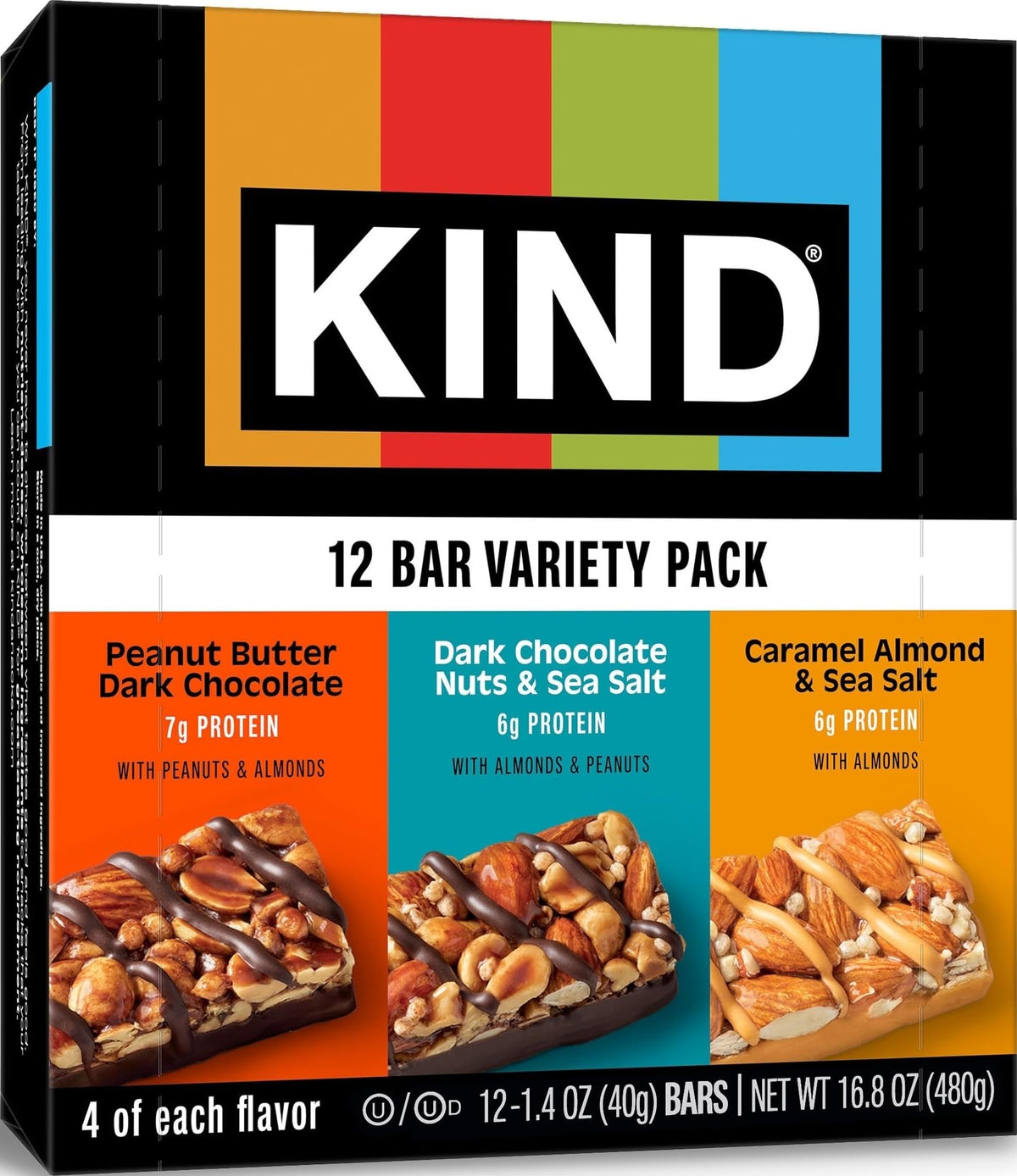 KIND variety pack front box showing three included flavors and convenience