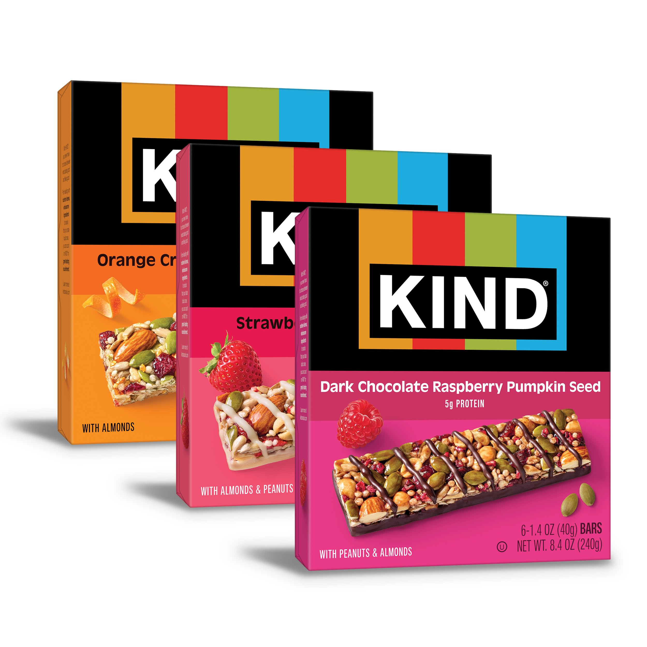 KIND variety pack front view showing three seed and fruit flavors for convenient snacking