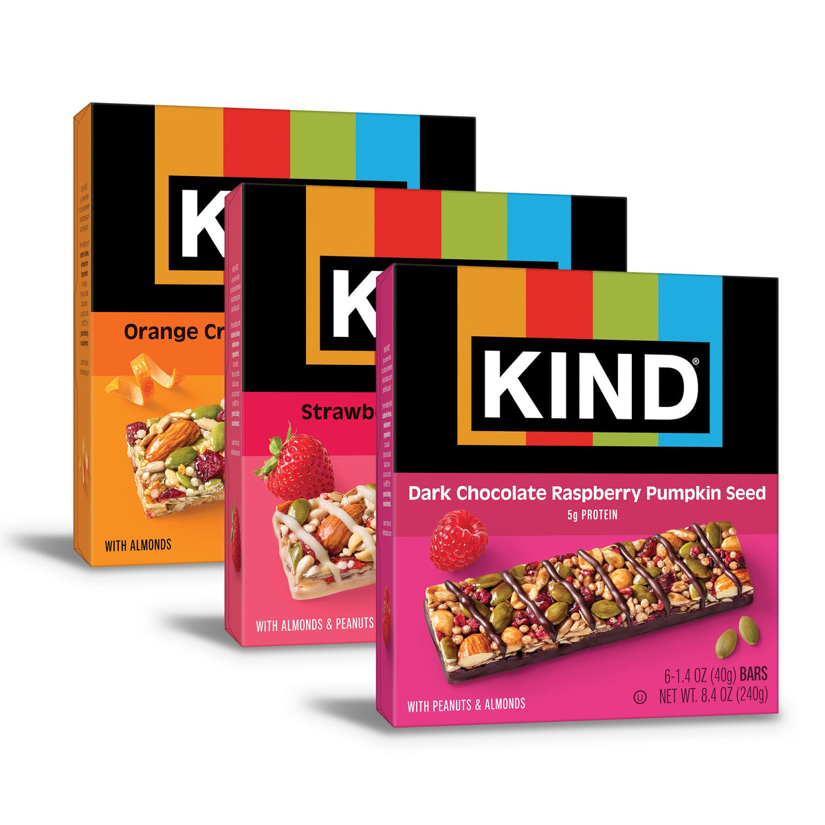 KIND variety pack front view showing three seed and fruit flavors for convenient snacking