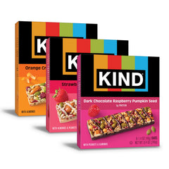 KIND variety pack front view showing three seed and fruit flavors for convenient snacking