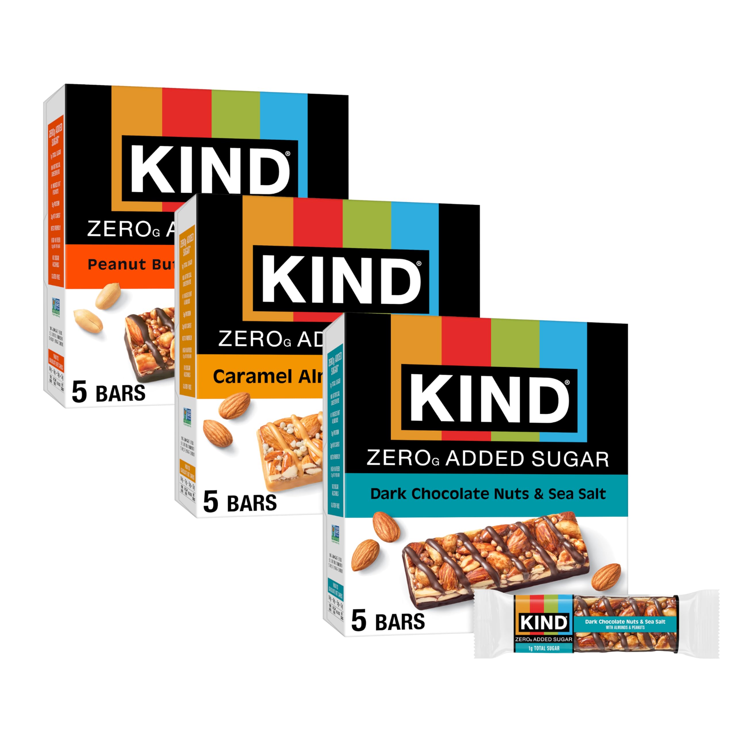 KIND variety pack front view showing three boxes and five bars convenience