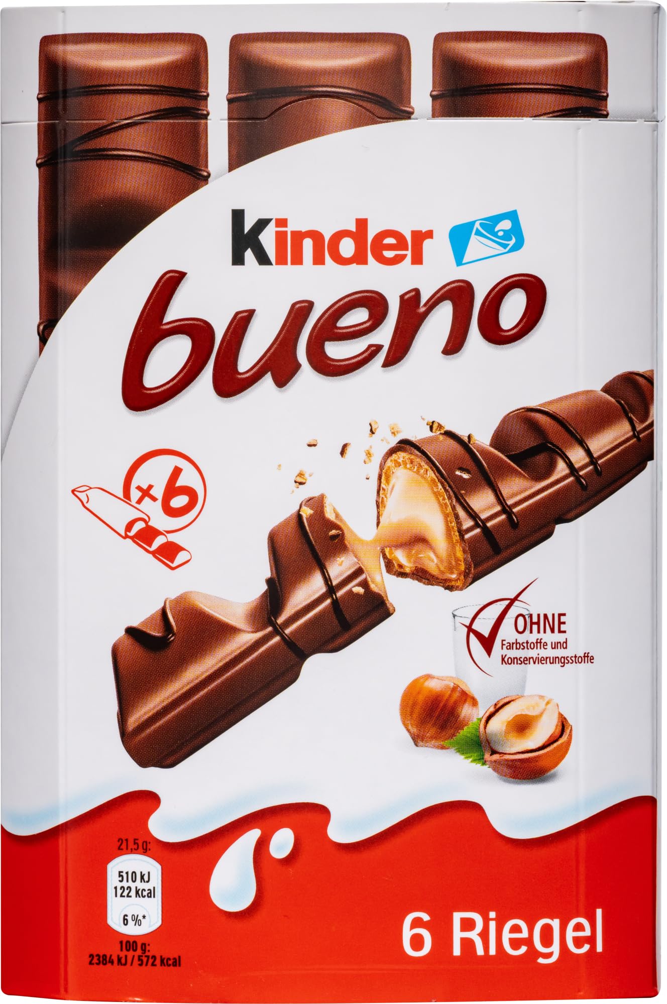 Kinder Bueno front box showing six individually wrapped bars and brand appeal