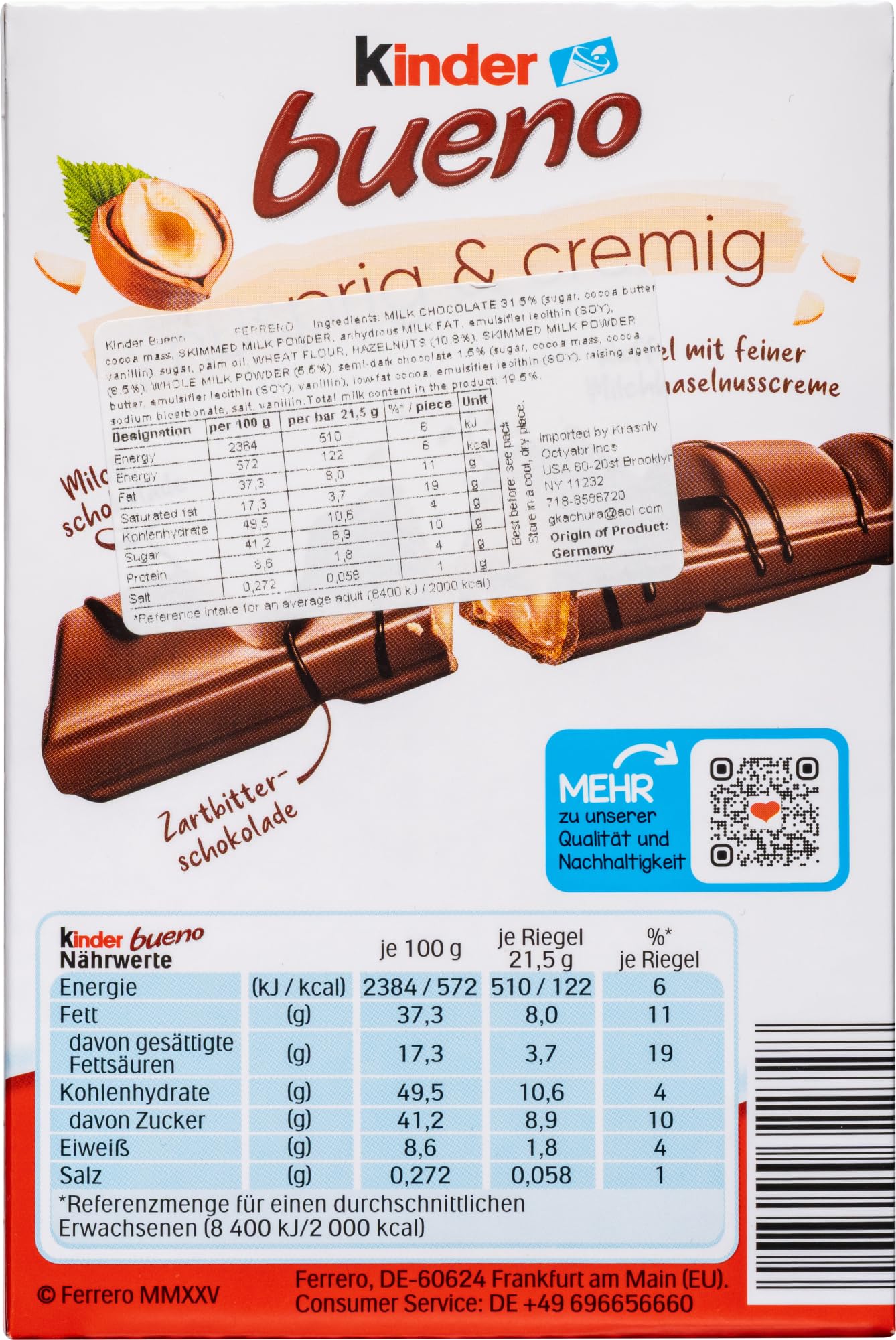 Kinder Bueno single bar unwrapped revealing wafer and chocolate coating benefit