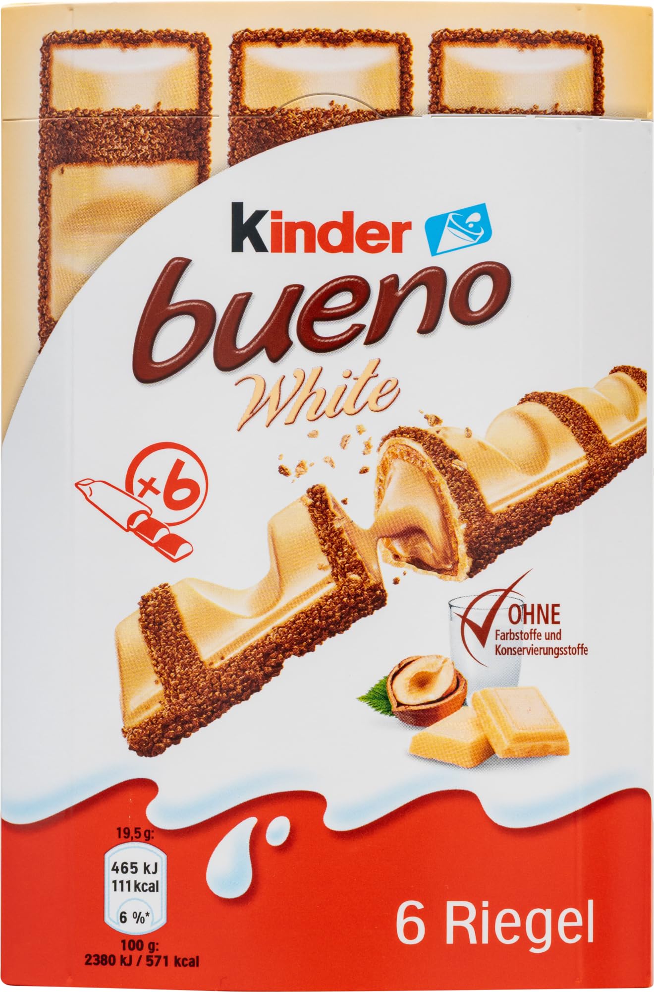 Kinder Bueno White front box showing six individually wrapped bars and gift-ready packaging benefit