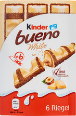 Kinder Bueno White front box showing six individually wrapped bars and gift-ready packaging benefit