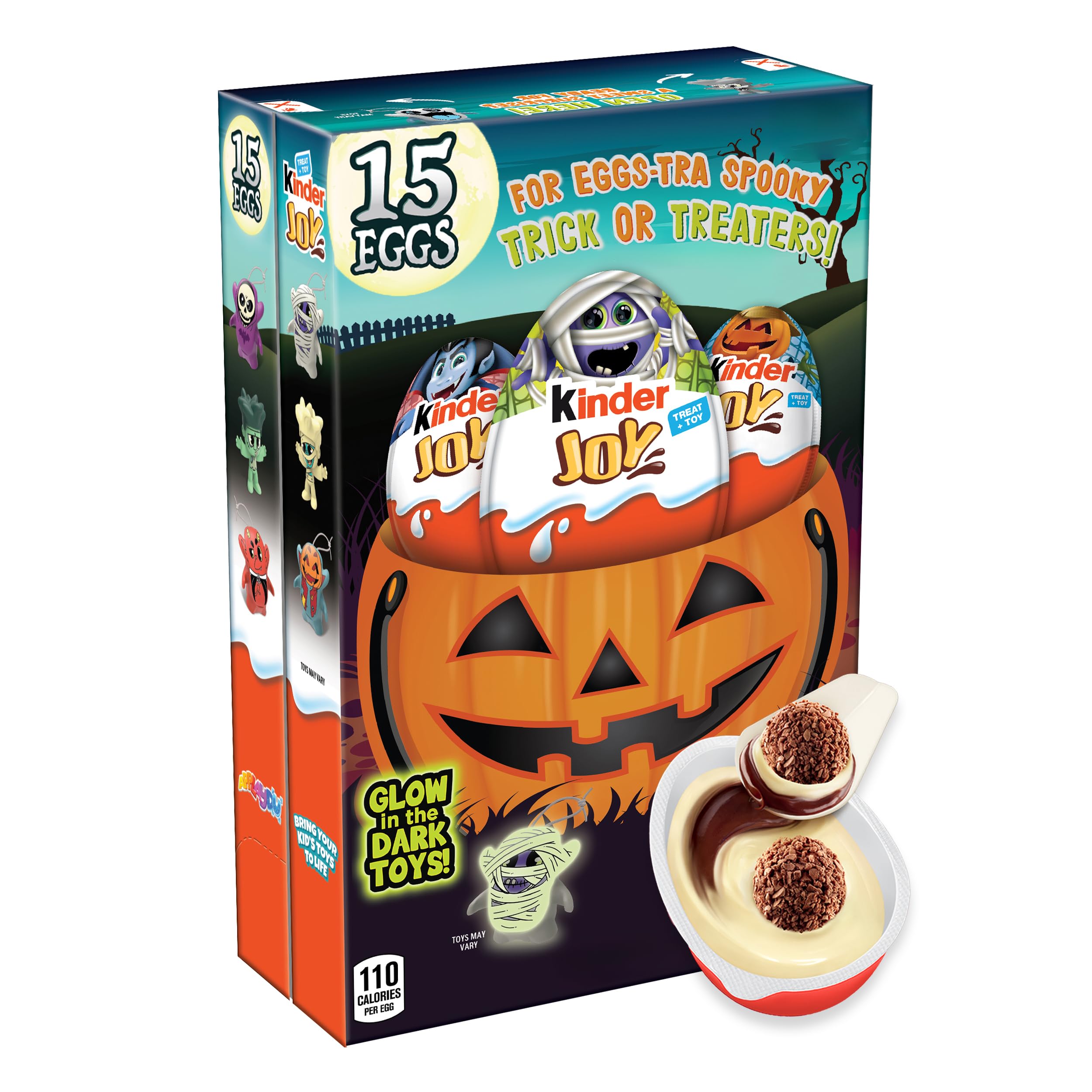 Kinder Joy front packaging showing 15-count Halloween eggs and festive branding, ideal for parties