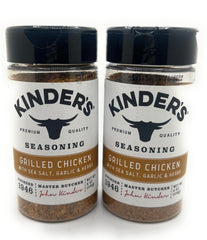 KINDER'S front label on 6oz grilled chicken seasoning bottle shows brand and clear benefits
