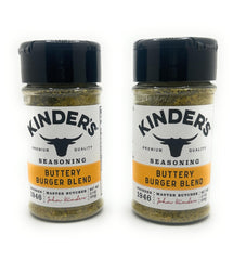 KINDER'S front packaging showing two shaker bottles and easy-grip design for fast seasoning