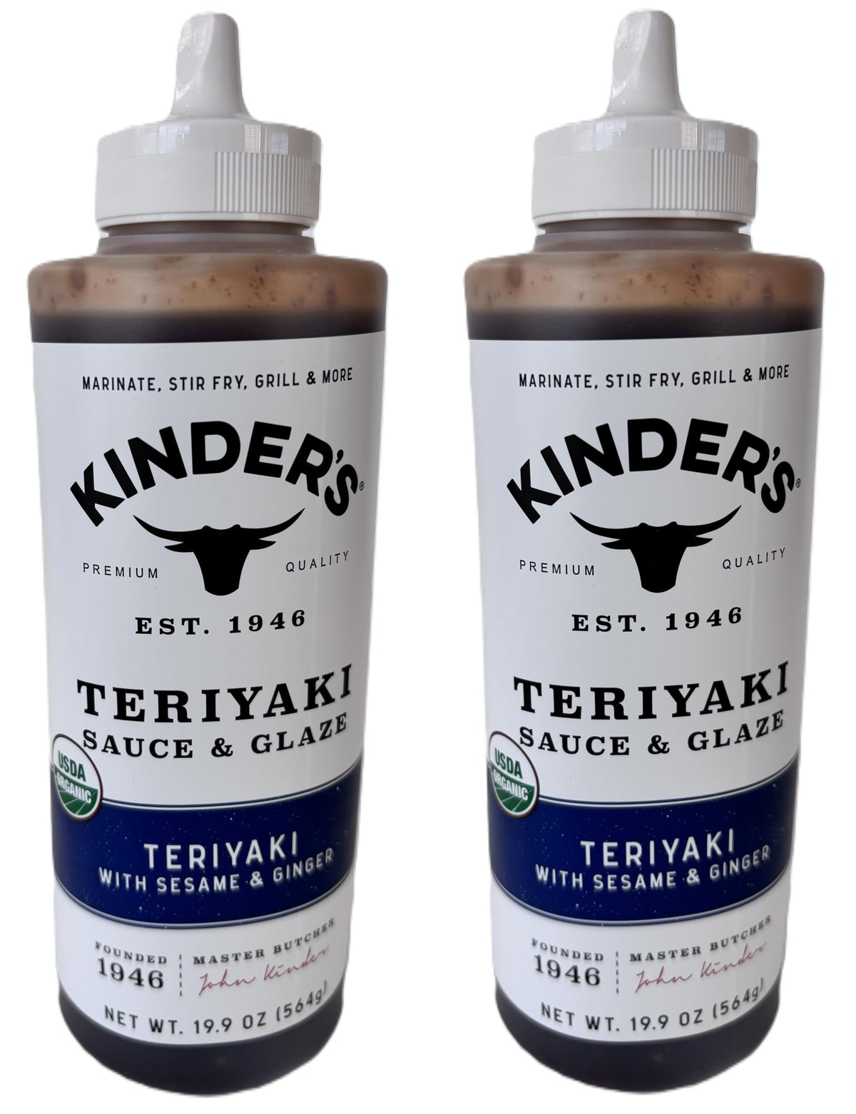 Kinder's front packaging showing two bottles and organic badge for versatile use