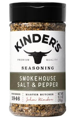 KINDER'S front packaging of smokehouse salt & pepper showing shaker and seasoning benefits