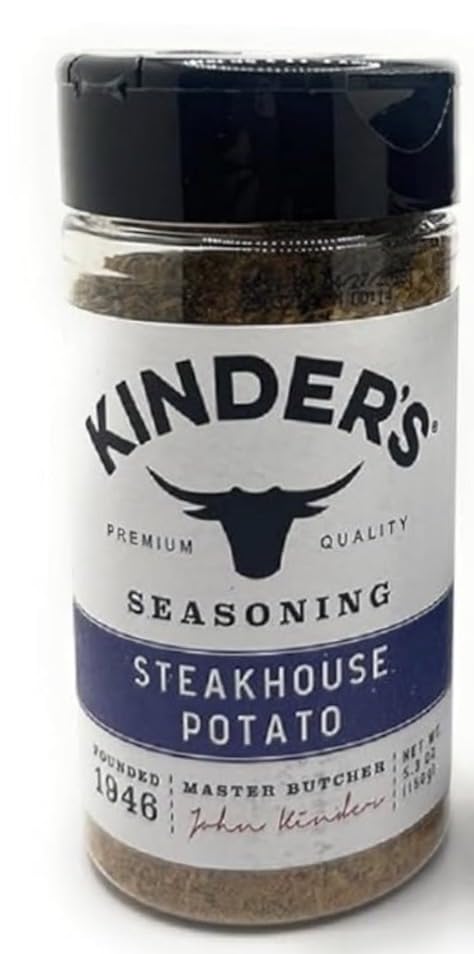 KINDER'S bottle front label showing steakhouse potato seasoning and pantry-ready benefit