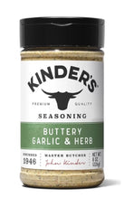 KINDER'S buttery garlic herb bottle front view shows label and adds savory flavor