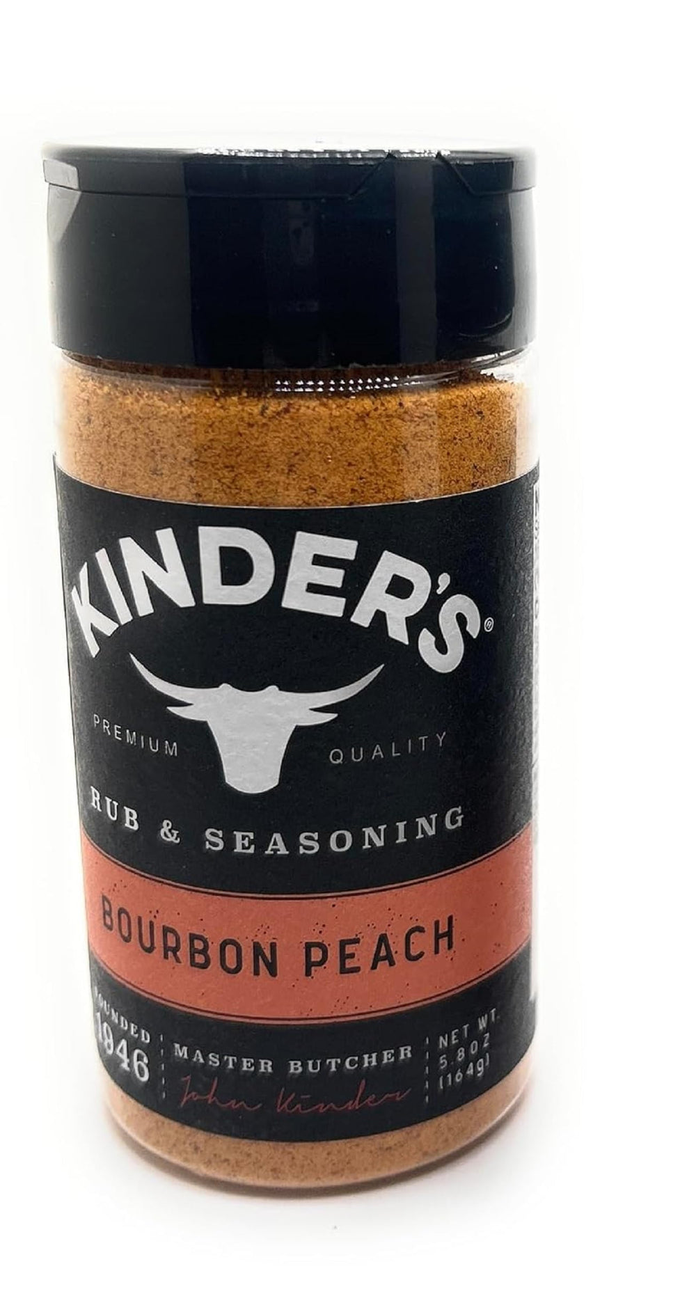 KINDER'S Bourbon Peach bottle front showing label and shaker cap, enhances flavor quickly