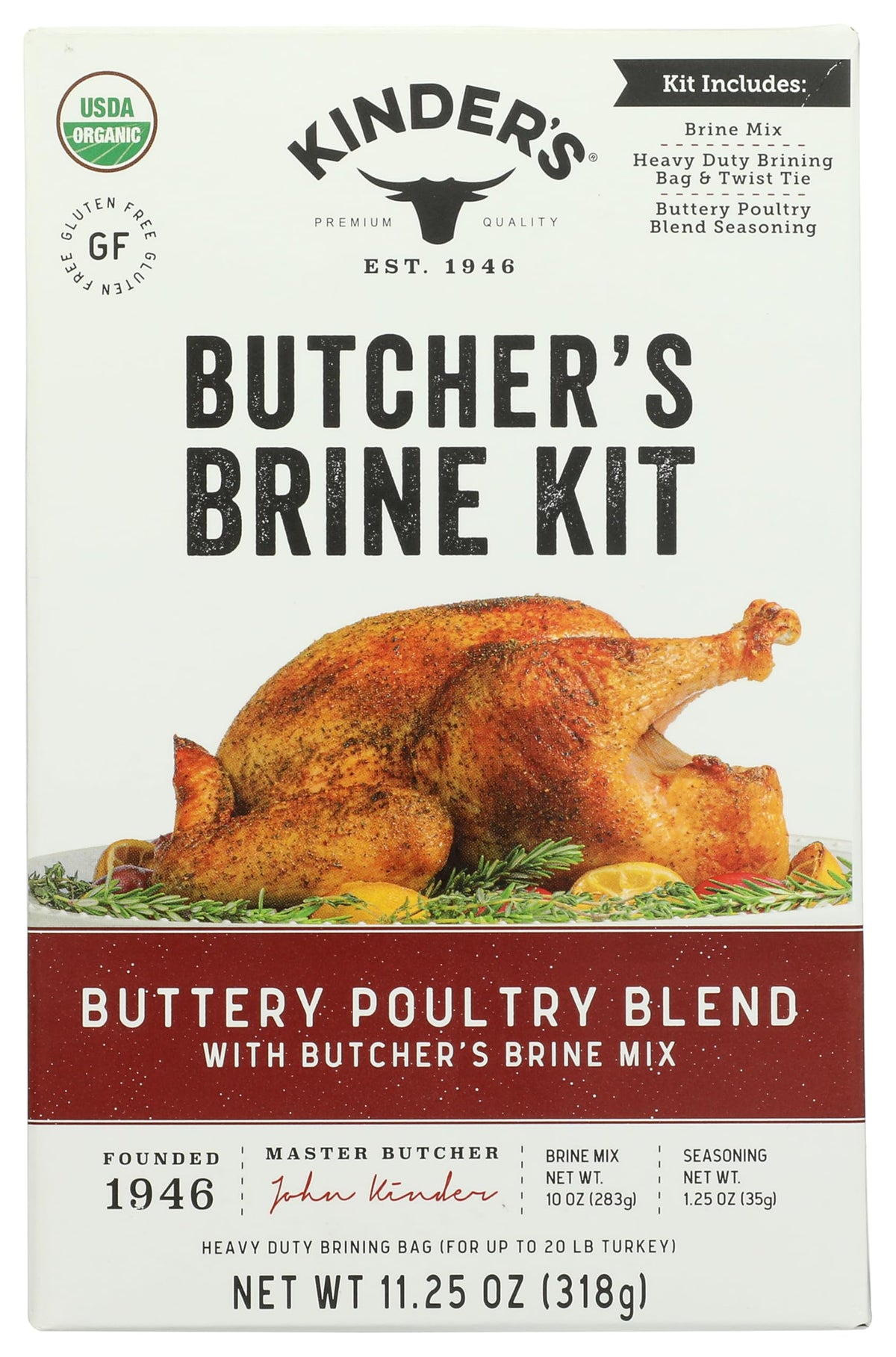 KINDER'S front packaging showing organic brine kit for juicier roasted poultry