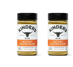 KINDER'S front packaging showing two 8 oz Buttery Poultry Blend bottles for easy seasoning