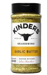 KINDER'S front bottle view showing garlic butter label and easy shaker for flavorful cooking