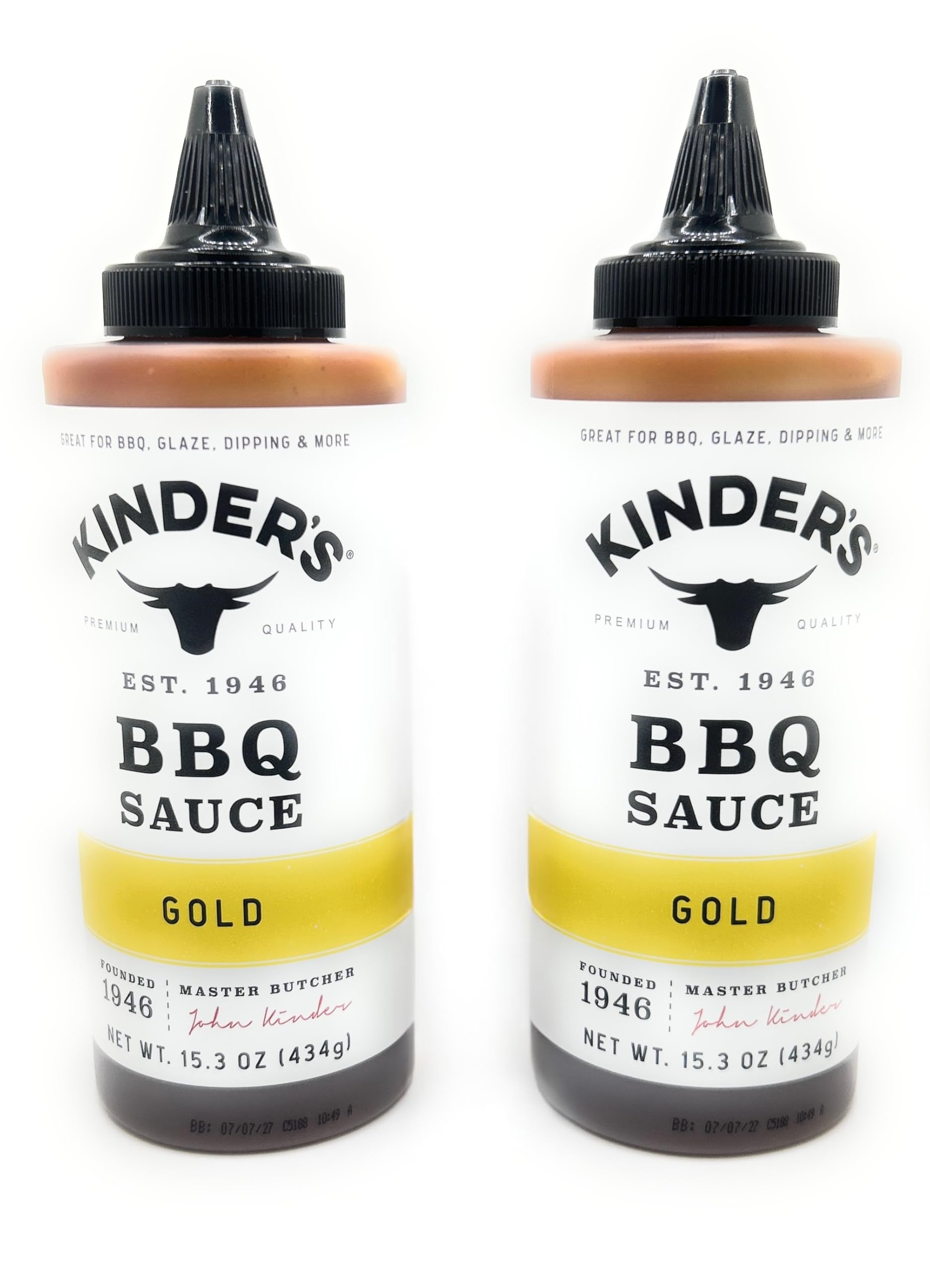 KINDER'S gold bbq front packaging shows two bottles and clear labeling, convenient pantry sauce