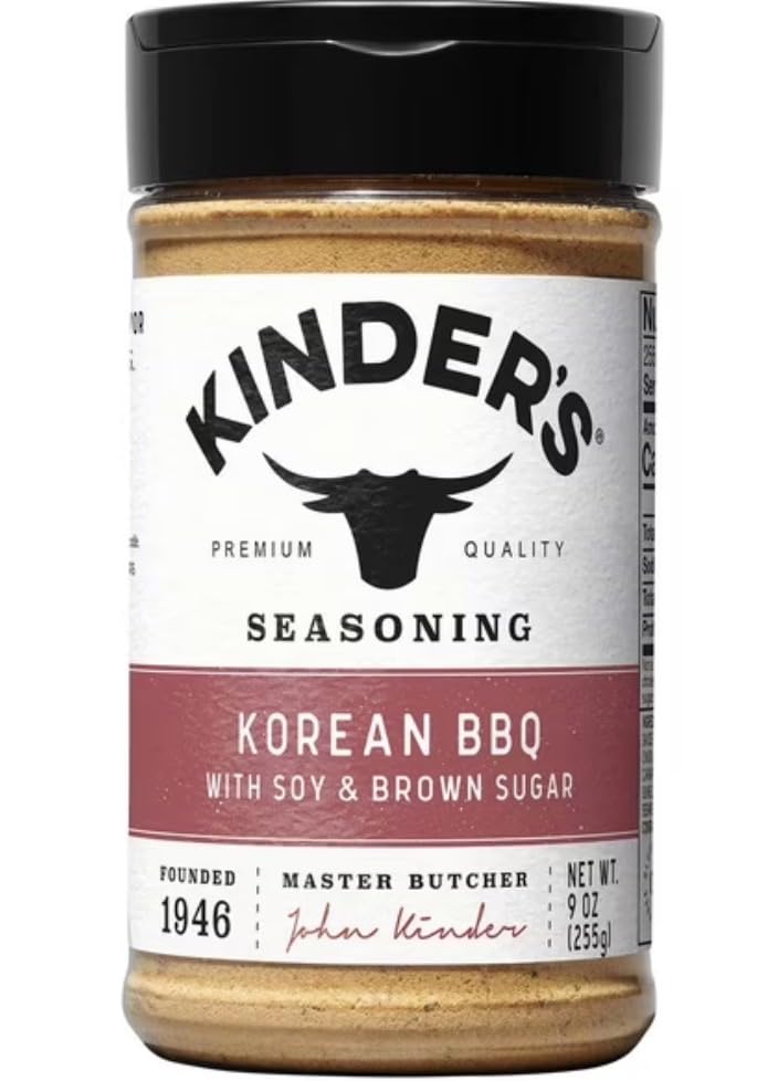 KINDER'S front label of Korean BBQ Rub showing seasoning and easy-grip bottle