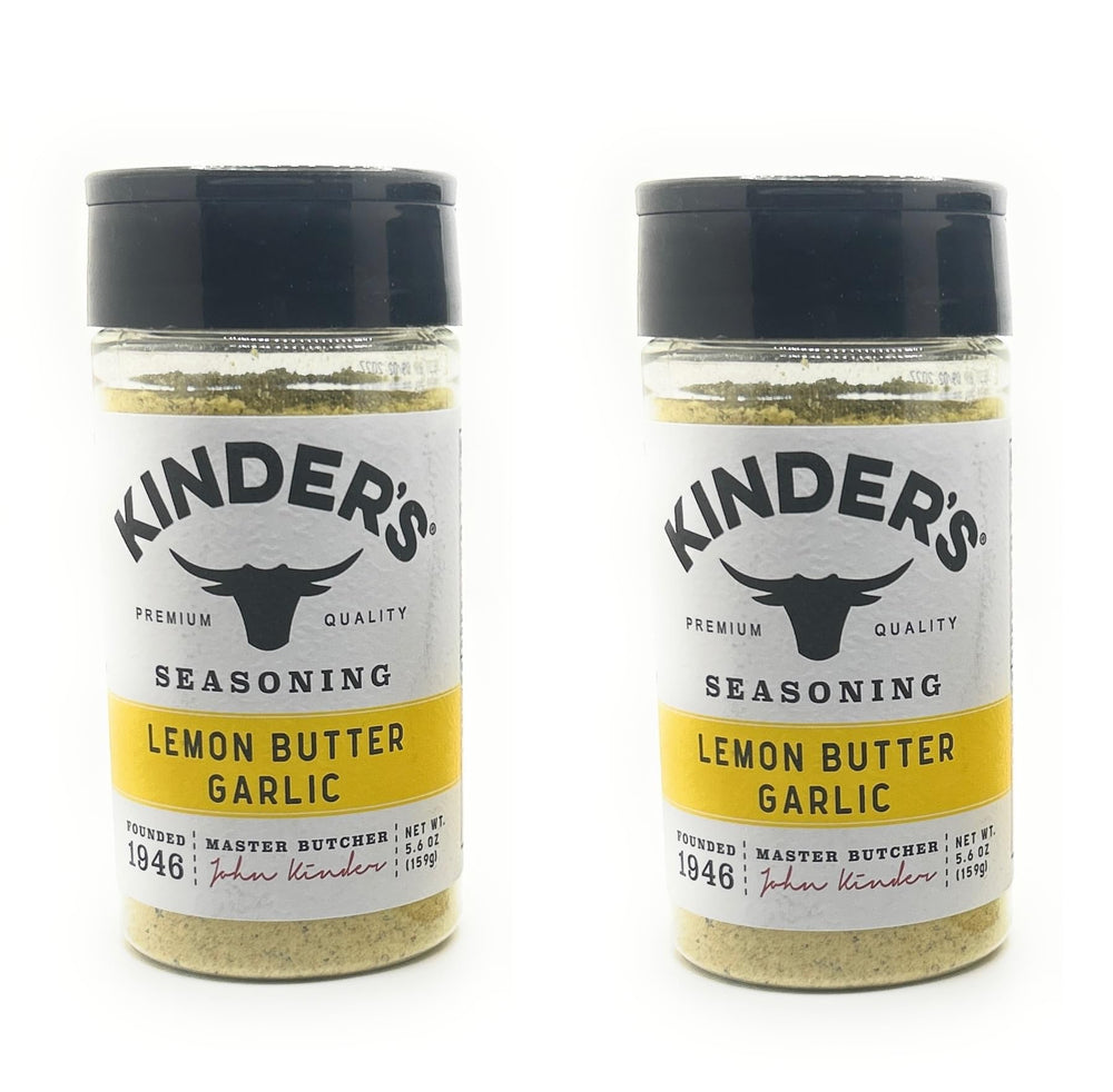 KINDER'S front packaging of lemon butter garlic two-bottle set showing label and benefits