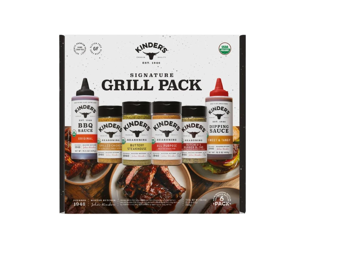 KINDER'S front view of full variety pack showing sauces and seasonings for grilling benefit