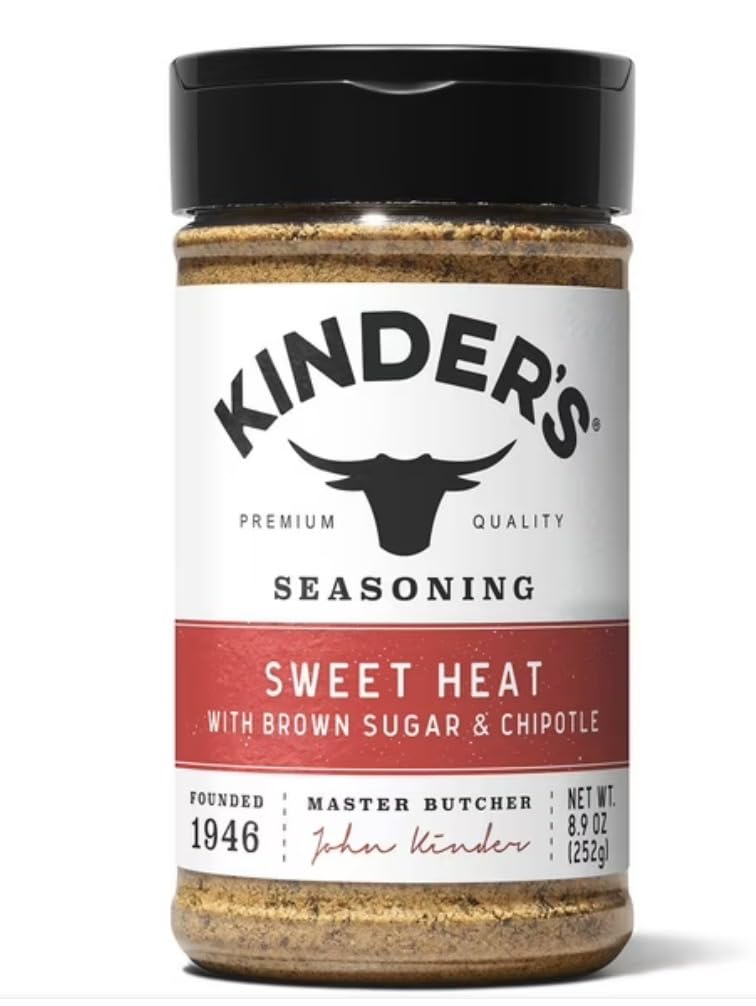 KINDER'S sweet heat bottle front label showing seasoning and versatile use