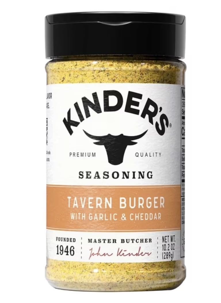 Kinder's front bottle shot showing label and shaker for easy seasoning