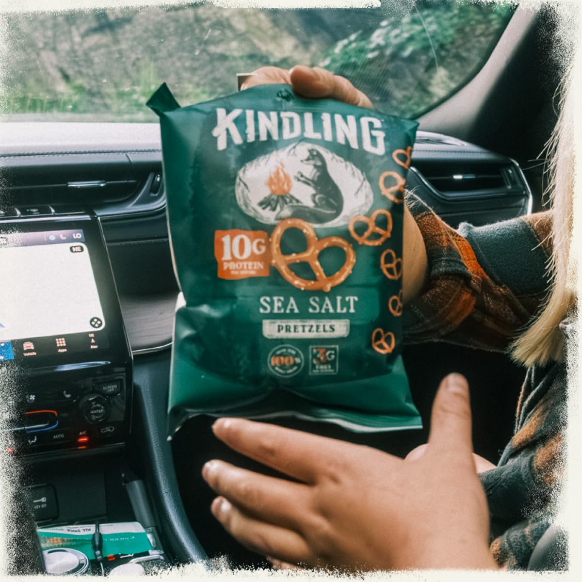 Sixteen-pack box of Kindling pretzels arranged neatly emphasizing bulk value and supply