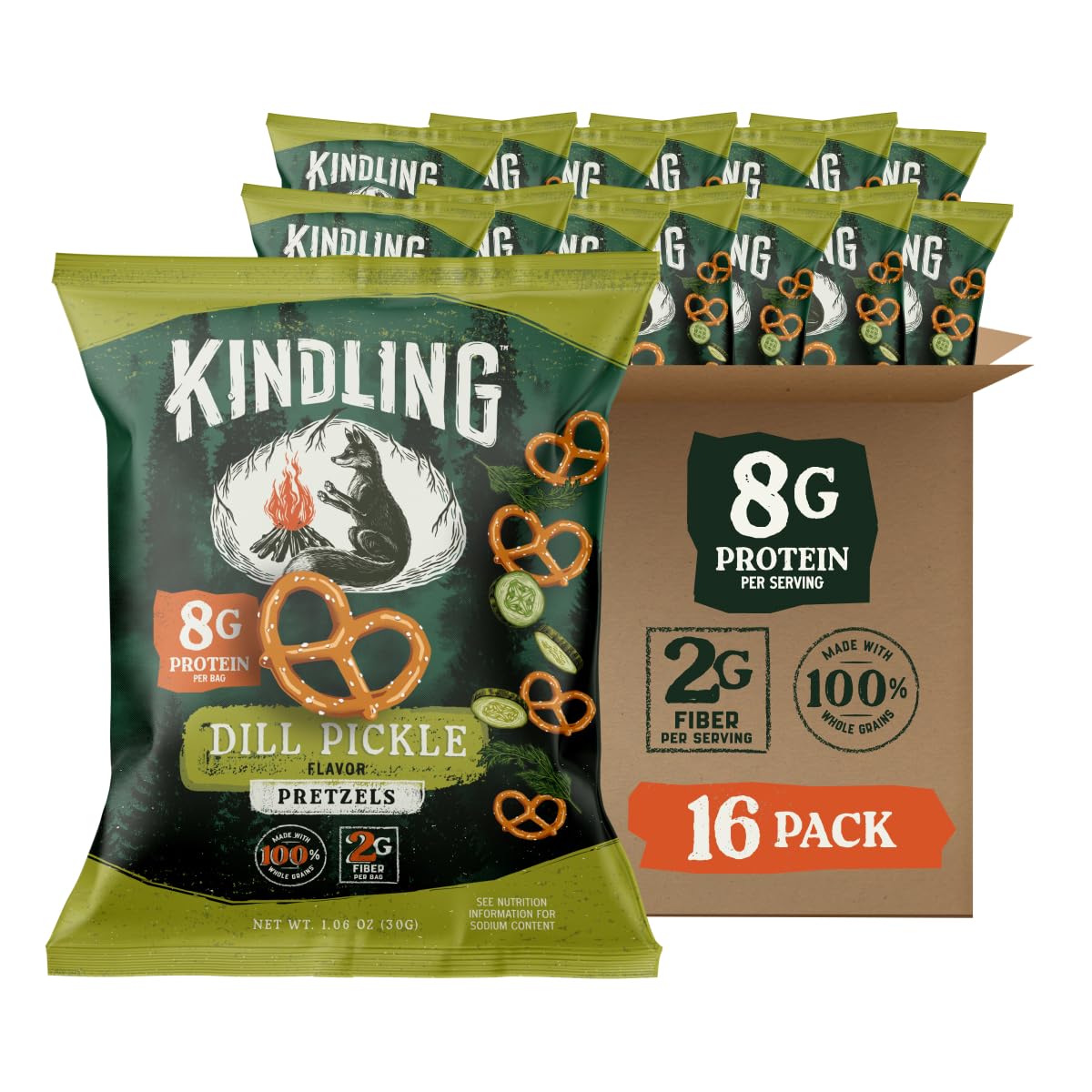 Kindling front packaging showing single-serve bag and 16-pack, convenient portability