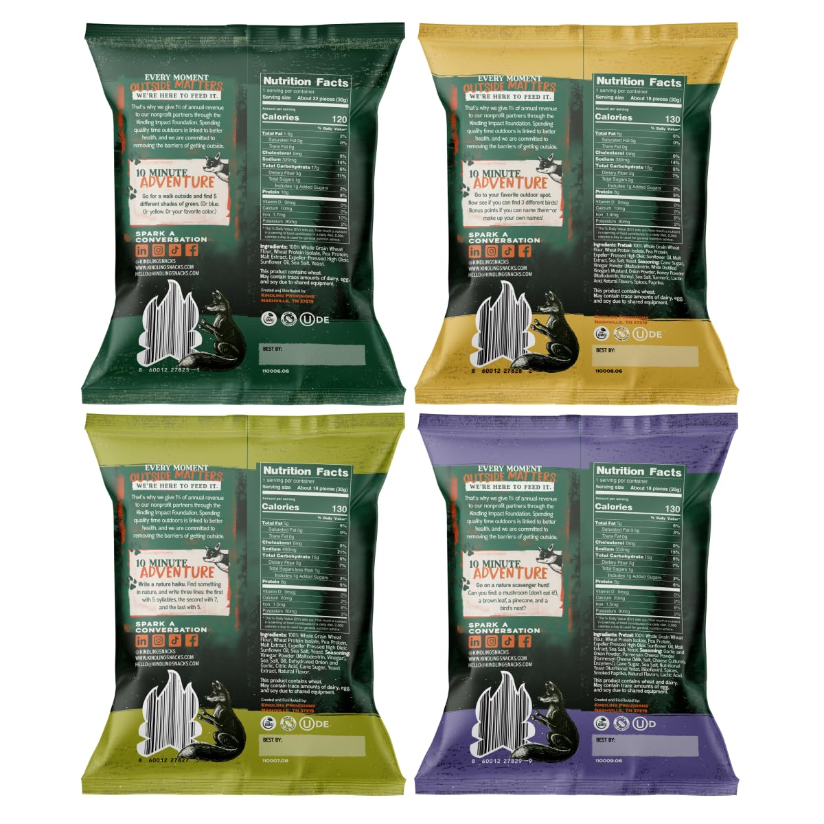 Kindling single-serve bag open with pretzels spilling out showing on-the-go portion control