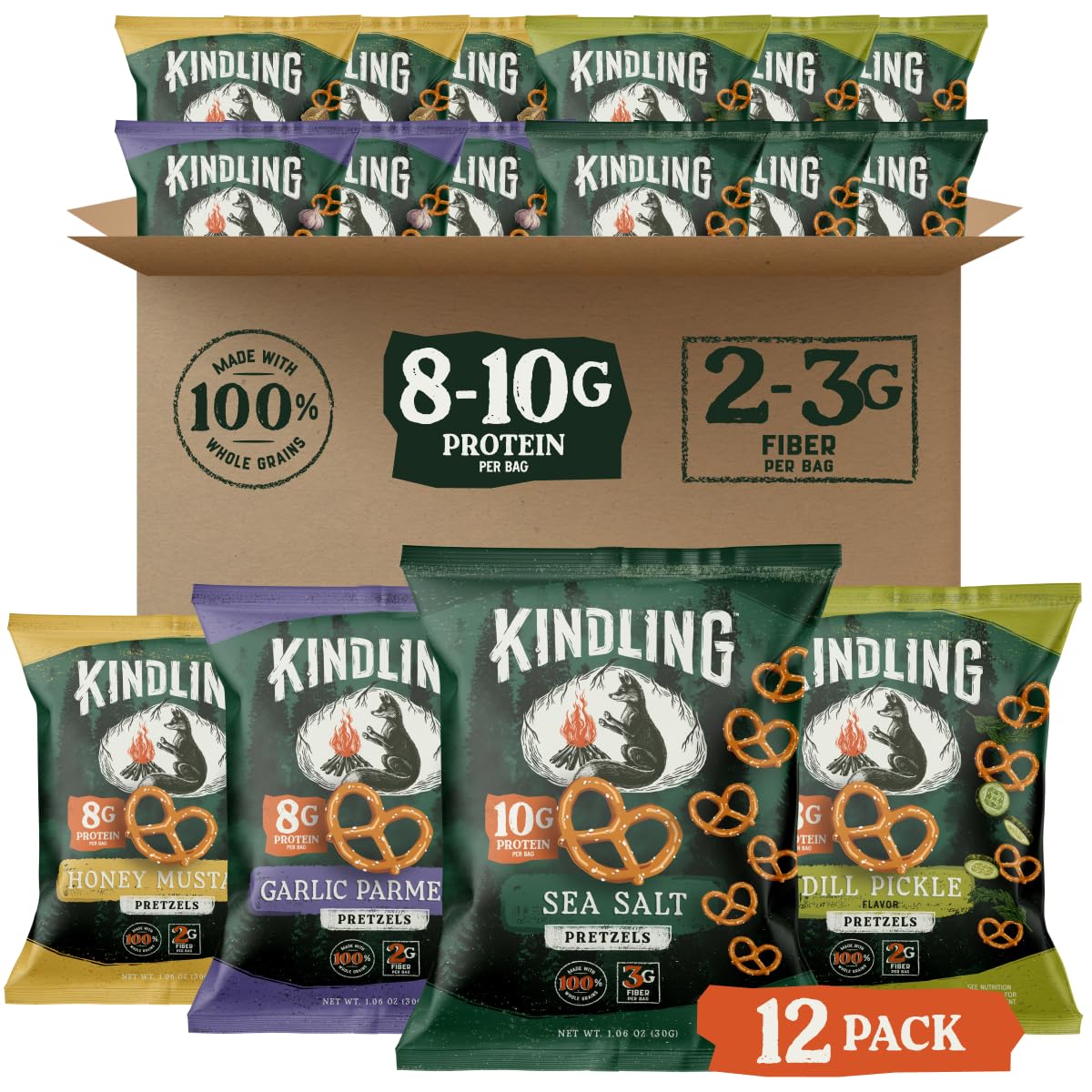 Kindling variety pack front packaging showing 12 single-serve bags and branding for convenient snacking