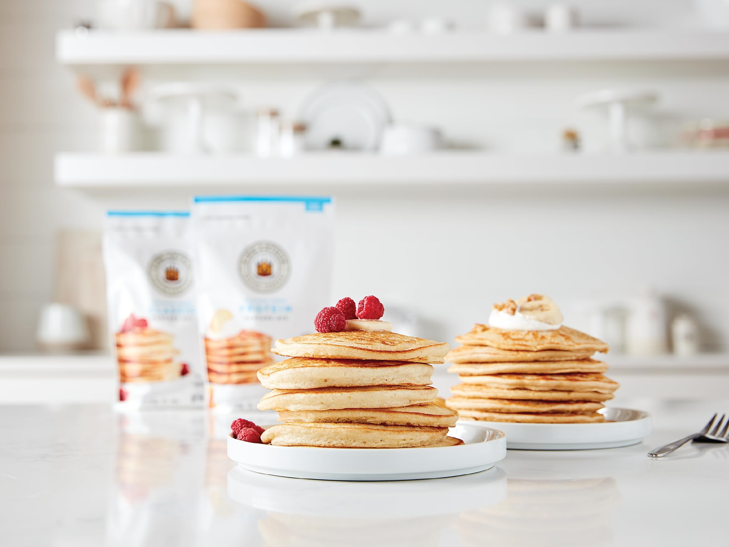 King Arthur breakfast table lifestyle with plated pancakes highlighting family-friendly convenience