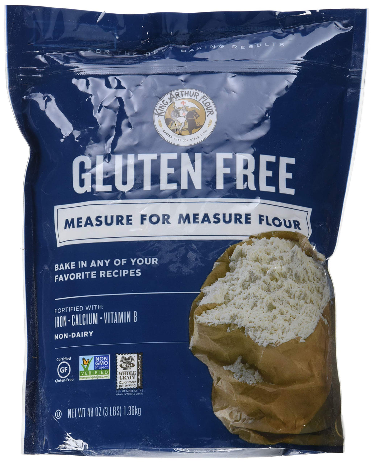 King Arthur front packaging showing 3 lb resealable bag and gluten-free label for easy baking