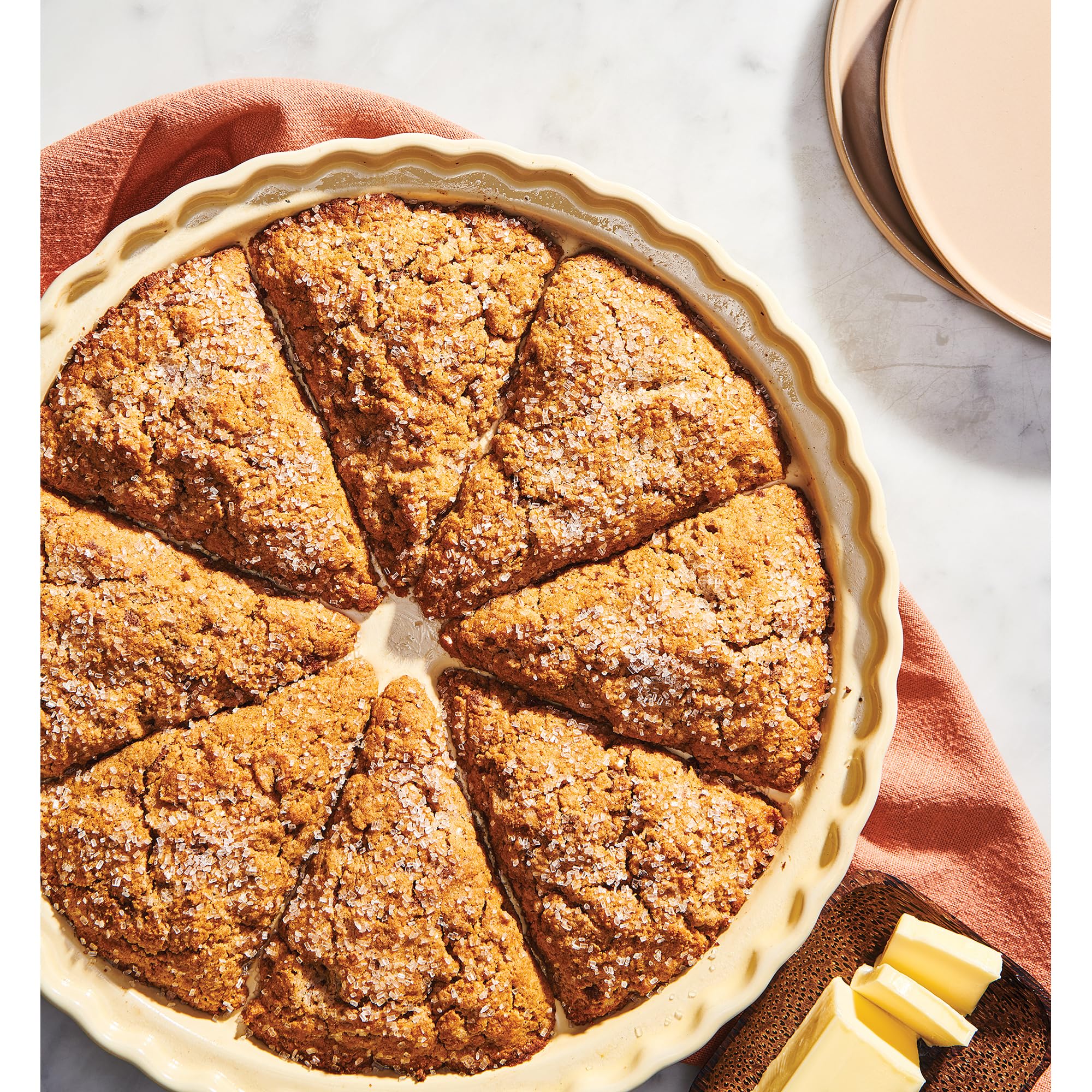 King Arthur baked scones in pan showing golden edges and tender centers for presentation