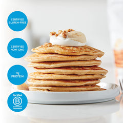King Arthur stack of pancakes close-up demonstrating fluffy texture and protein benefit