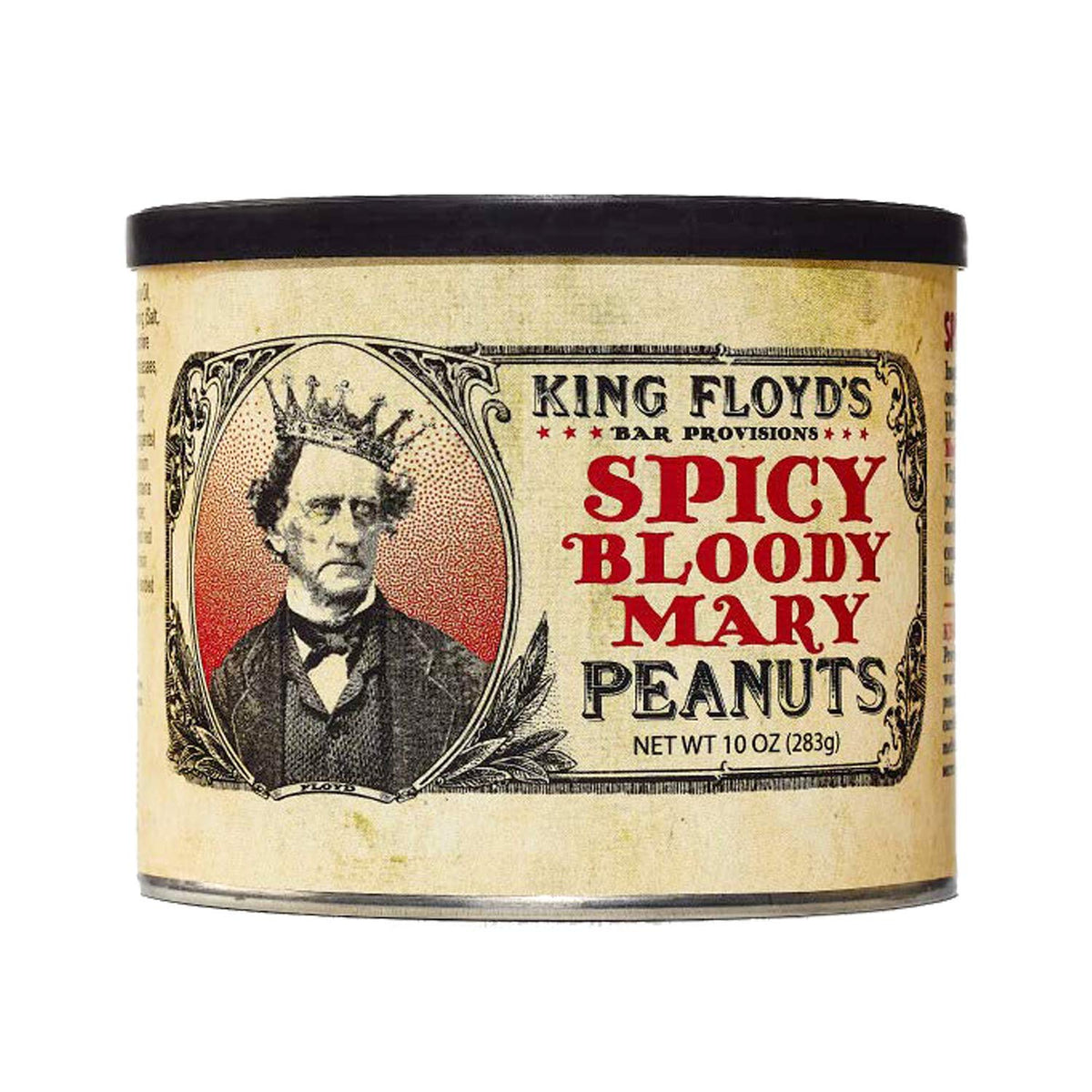 King Floyd's front tin view with resealable lid showing spicy seasoned peanuts and freshness