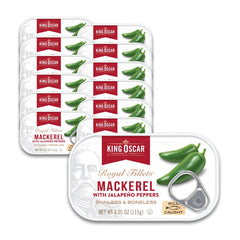 King Oscar front packaging showing mackerel with jalapeño, highlighting bold flavor