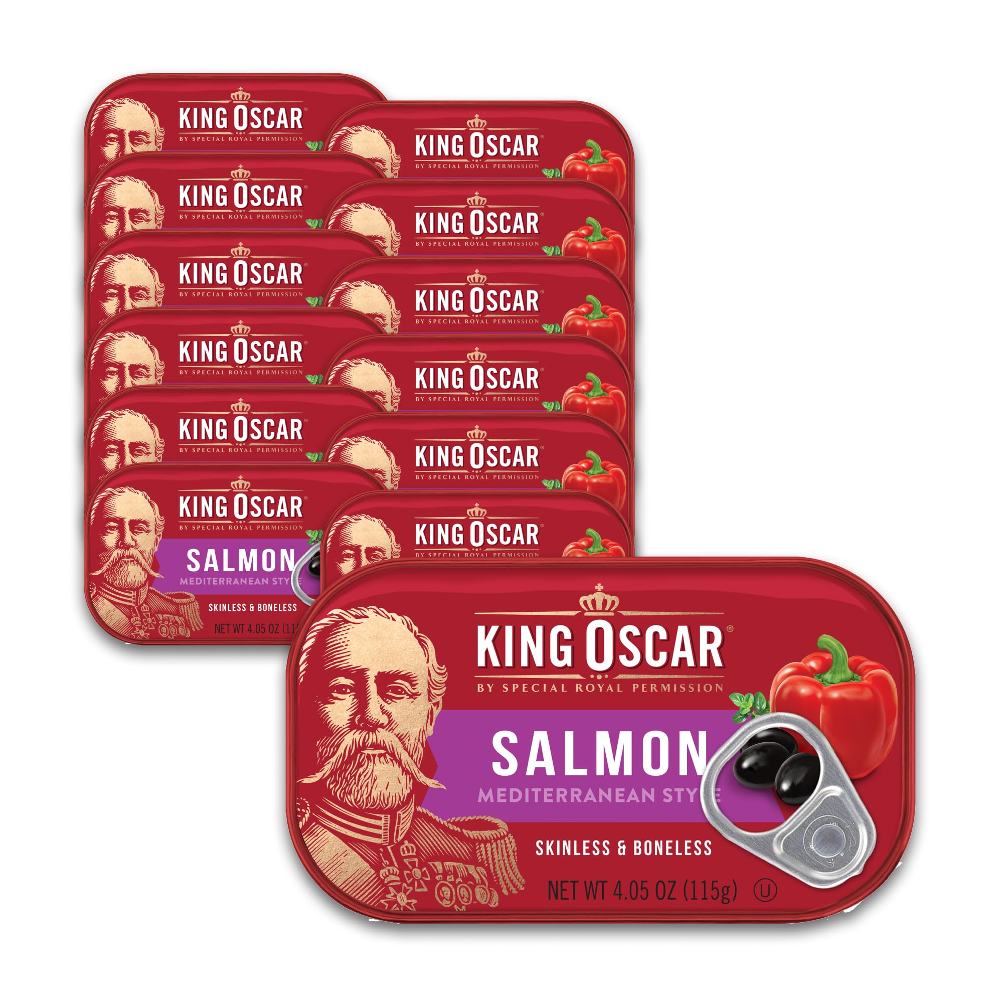 King Oscar front packaging showing Mediterranean flavored salmon, convenient ready-to-eat