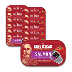 King Oscar front packaging showing Mediterranean flavored salmon, convenient ready-to-eat