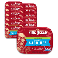 King Oscar front packaging showing 12-pack, convenient pantry staple
