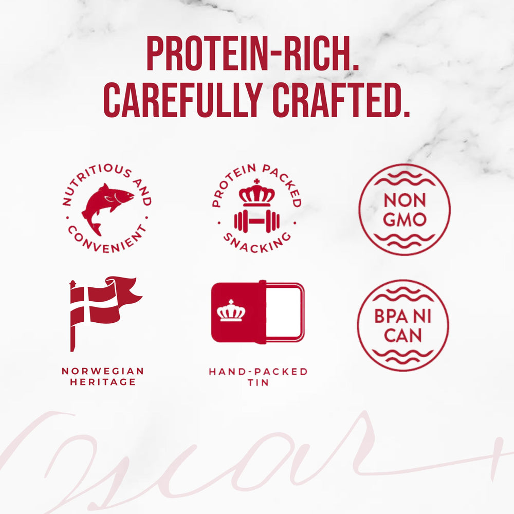 King Oscar ingredients display with olives, red pepper and garlic, adds layered flavor