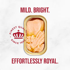 King Oscar close-up of salmon texture highlighting tender hand-filleted benefit