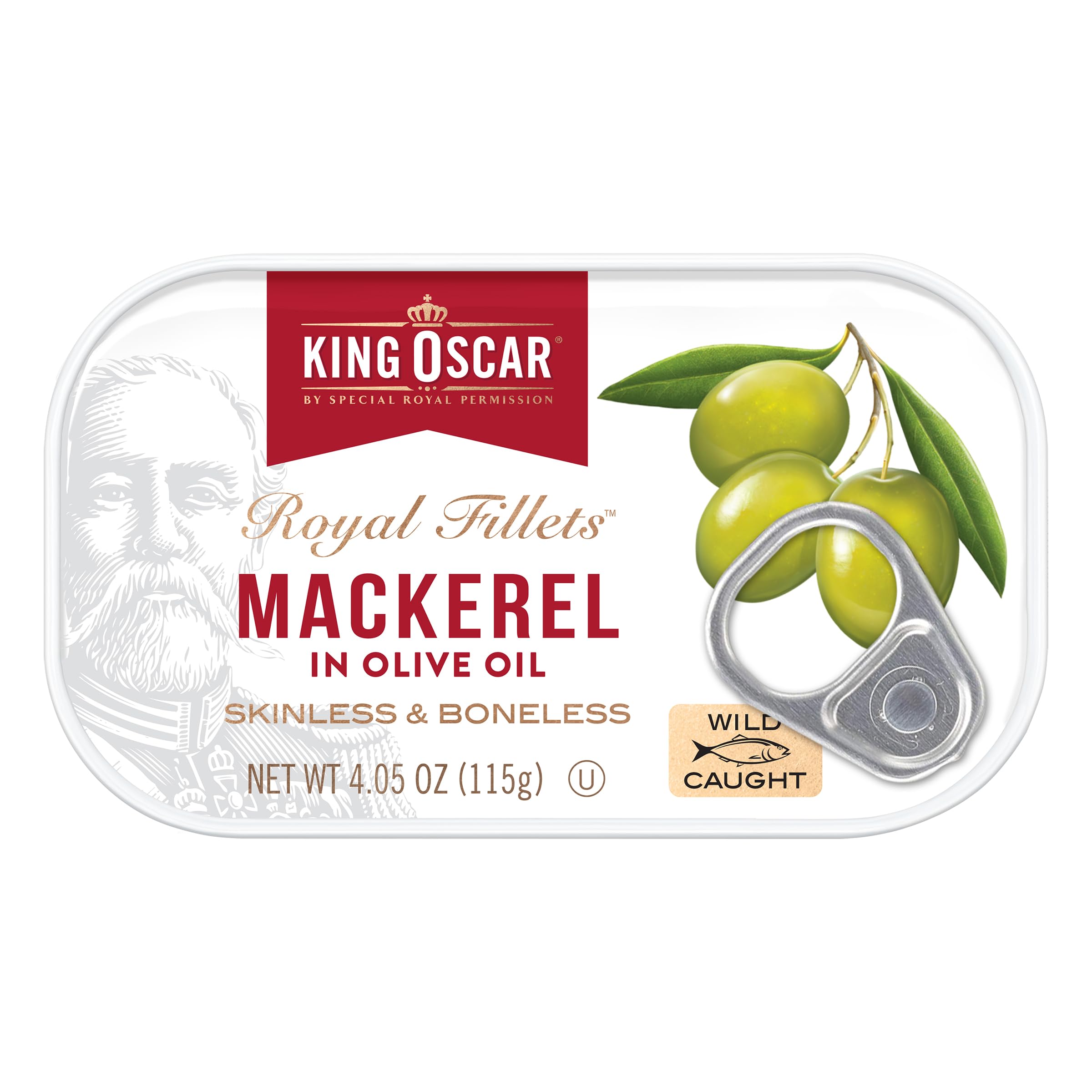 King Oscar open can close-up showing skinless boneless mackerel in olive oil and ready-to-eat benefit